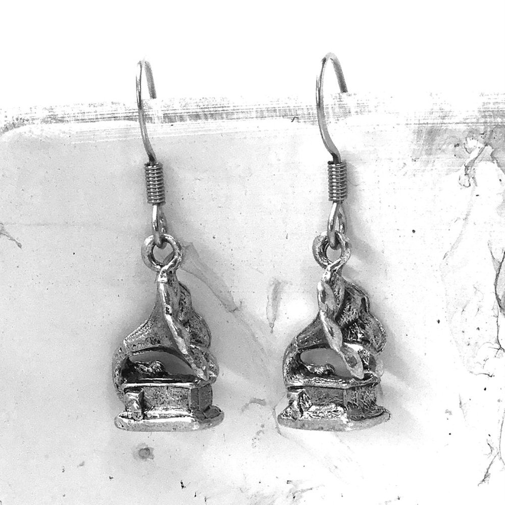 Miniature Phonograph Music Gramophone Vinyl Lovers Musician Gift Charm Earrings